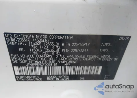 2015 Toyota Rav4 Le z USA, uszkodzony, nr VIN JTMZFREVXFD058181